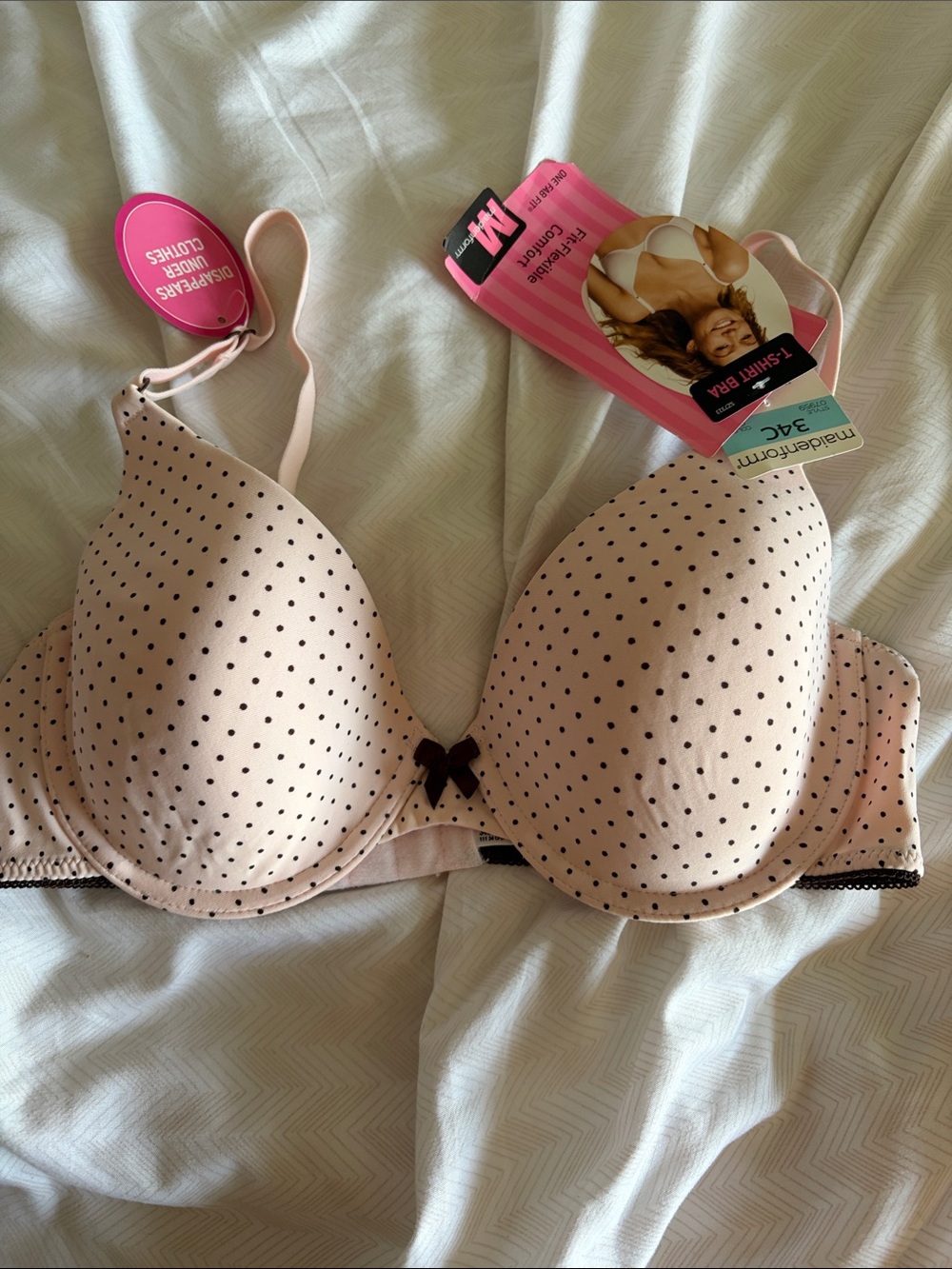 Maidenform Blush Pink Polka Dot T-Shirt Bra with Black Accents - 34C NWT